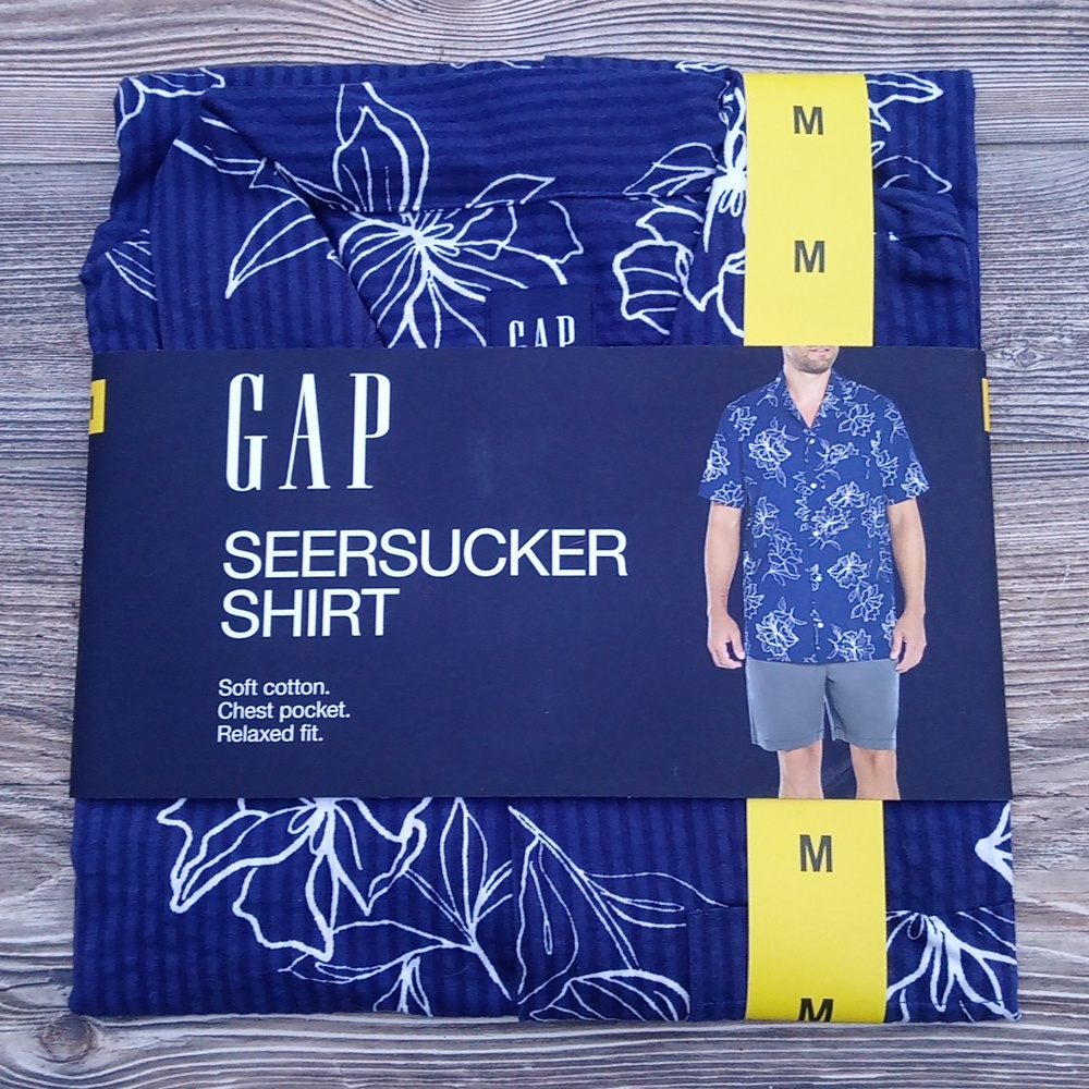 New Gap Seersucker Short Sleeve Striped Hawaiian Blue Button Up Shirt